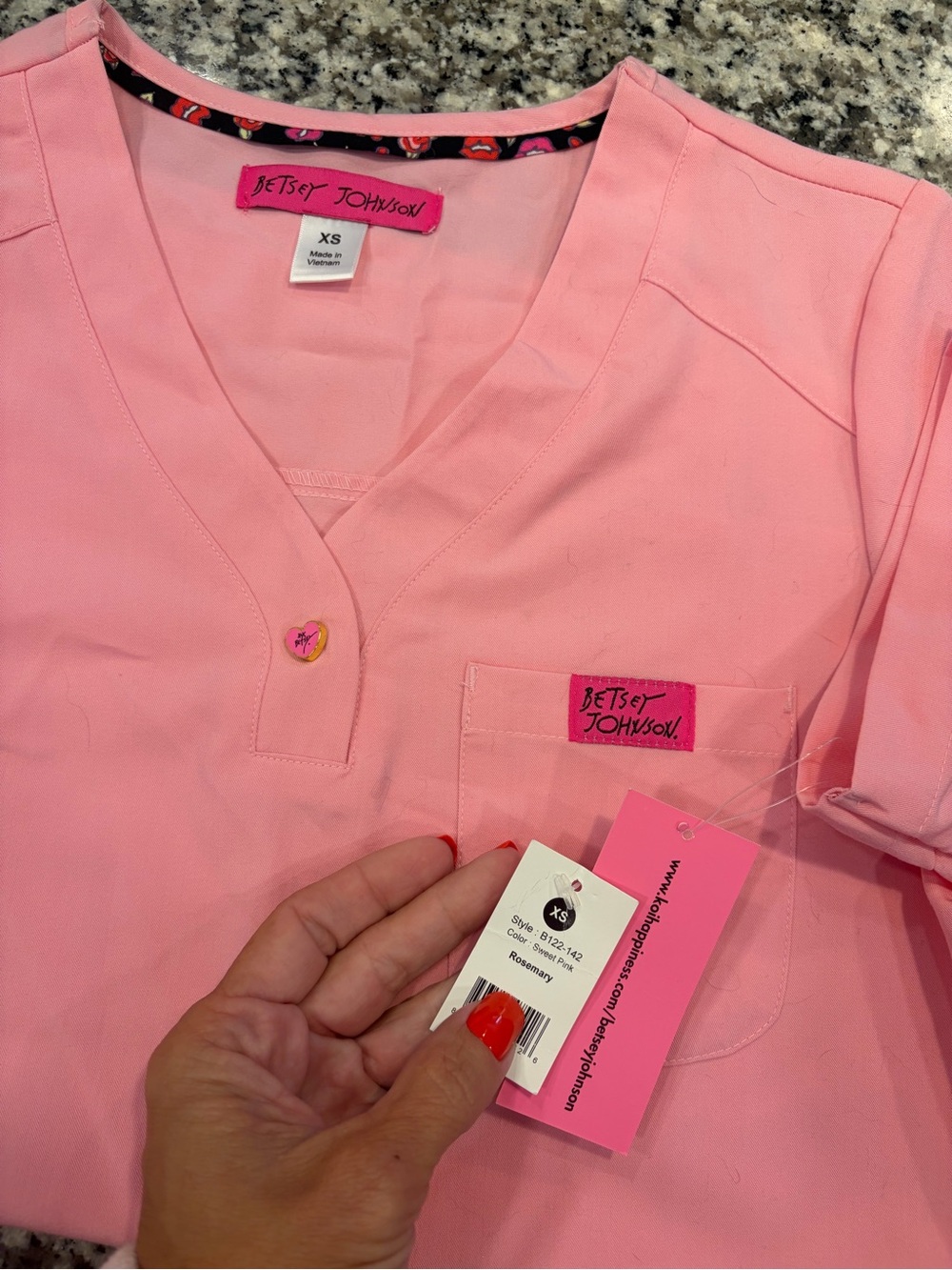 Betsey Johnson Pink V-Neck Scrub Top
